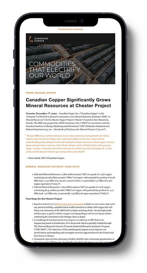 Canadian Copper Email Campaign on mobile